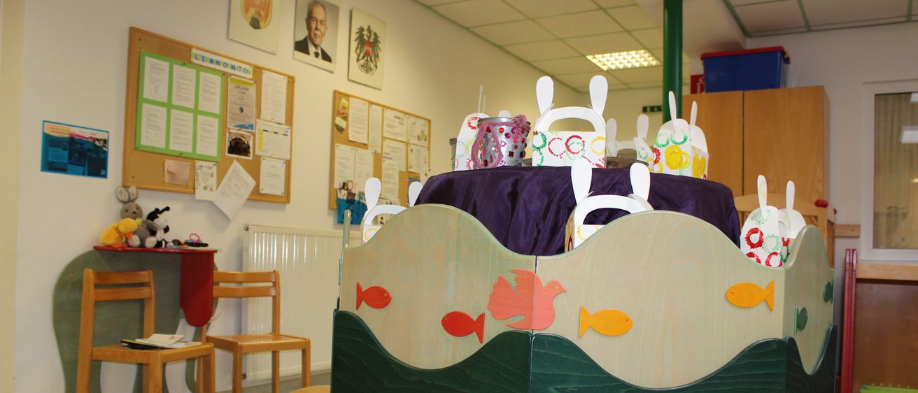 Ein Klassenzimmer mit einem Bulletin Board, Porträts und einem Tisch mit bunten Bechern und Osterhasenmützen. Es gibt eine Holzstruktur mit Fischillustrationen.