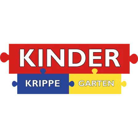 Das Bild zeigt ein farbenfrohes Logo für Kinder Krippe Garten. Es besteht aus drei Puzzleteilen mit den Wörtern Kinder, Krippe und Garten.