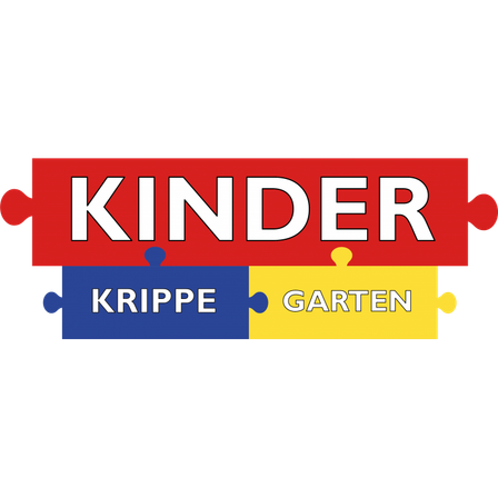 Das Bild zeigt ein farbenfrohes Logo für Kinder Krippe Garten. Es besteht aus drei Puzzleteilen mit den Wörtern Kinder, Krippe und Garten.