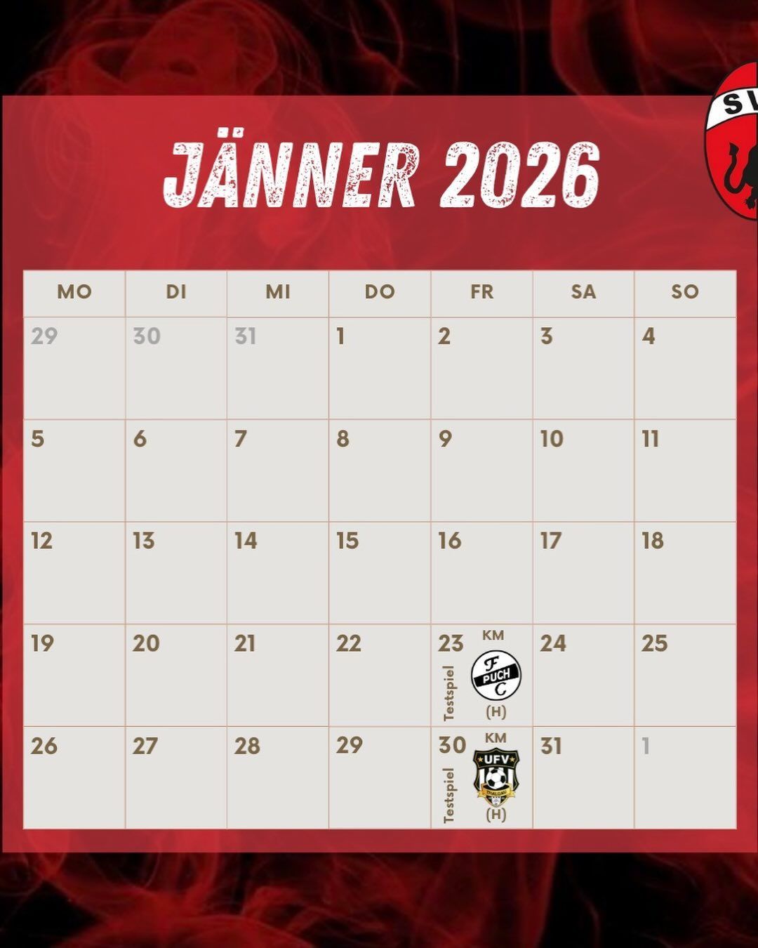 Eine rote Kalenderseite für Januar 2026 zeigt ein Raster mit den Wochentagen MO, DI, MI, DO, FR, SA und SO. Die Tage sind von 29 bis 31 für Dezember 2025 und 1 bis 31 für Januar 2026 nummeriert. Unter dem Raster sind bestimmte Daten mit zusätzlichen Informationen markiert.