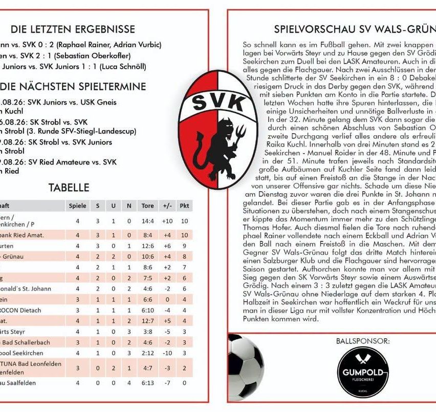 Ein Fußballspielbericht zeigt bevorstehende Spiele und eine Tabelle mit Spielergebnissen. Die Spiele umfassen SVK Juniors gegen USK Gneis, SK Strobl gegen SVK und SK Strobl gegen SVK Juniors. Die Tabelle listet Teams, Ergebnisse und Punkte auf.