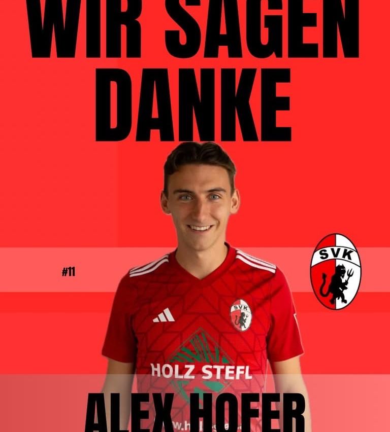 Poster eines Fußballspielers, Alex Hoffer, in einem roten Trikot mit Logo. Der Text 'Wir sagen Danke' steht über ihm.