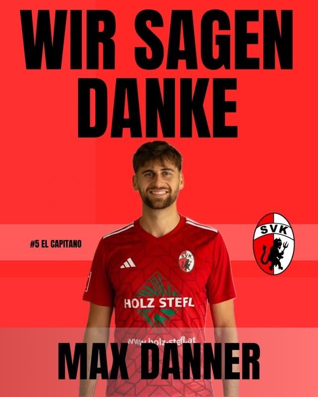 Ein Bild eines Fußballspielers, Max Danner, der ein rotes Trikot mit SVK-Logo trägt und lächelt. Der Text 'Wir sagen Danke' und '#5 El Capitano' ist darüber angezeigt.