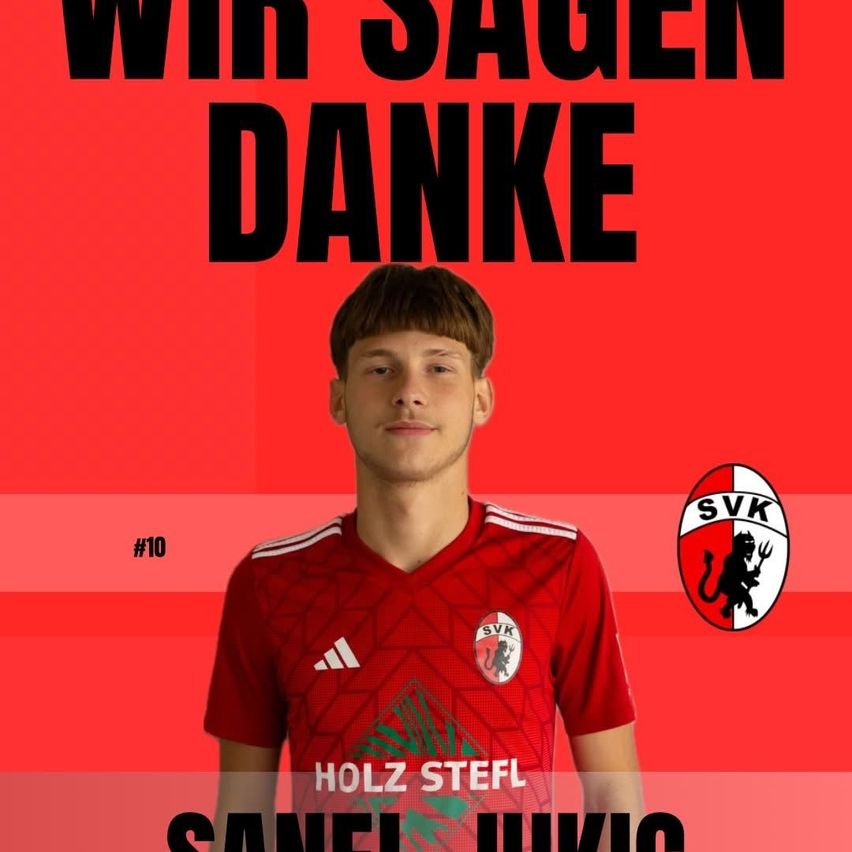 Ein Mann steht in einem roten Trikot mit der Nummer 10 und trägt ein Fußballtrikot mit dem Vereinslogo SVK. Die Worte 'Wir sagen Danke' erscheinen über ihm auf einem roten Hintergrund.