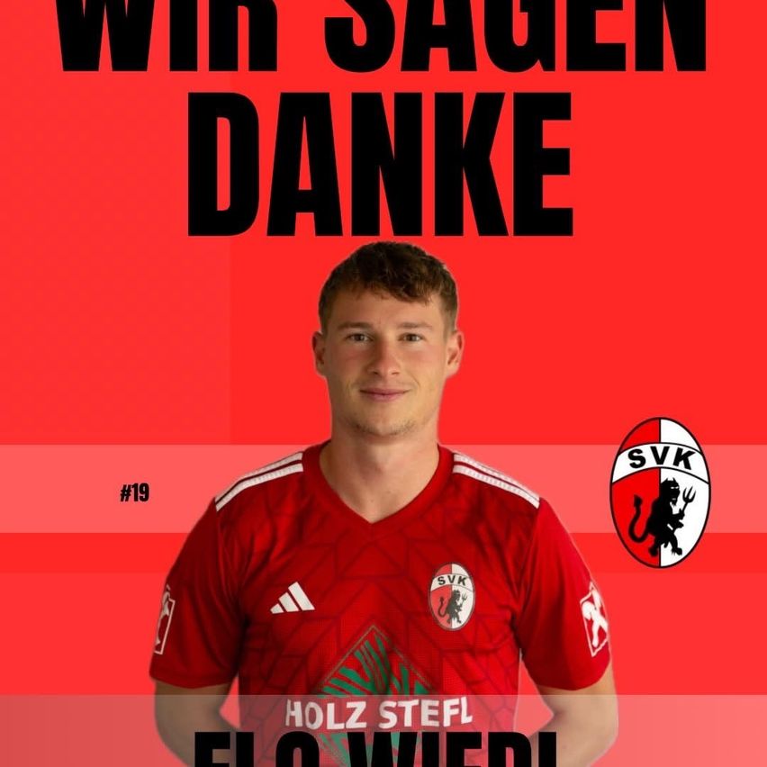 Ein Fußballspieler in einem roten Trikot mit dem Logo von SVK lächelt. Der Text darüber sagt 'Wir sagen Danke.' Er steht auf einem roten Hintergrund.
