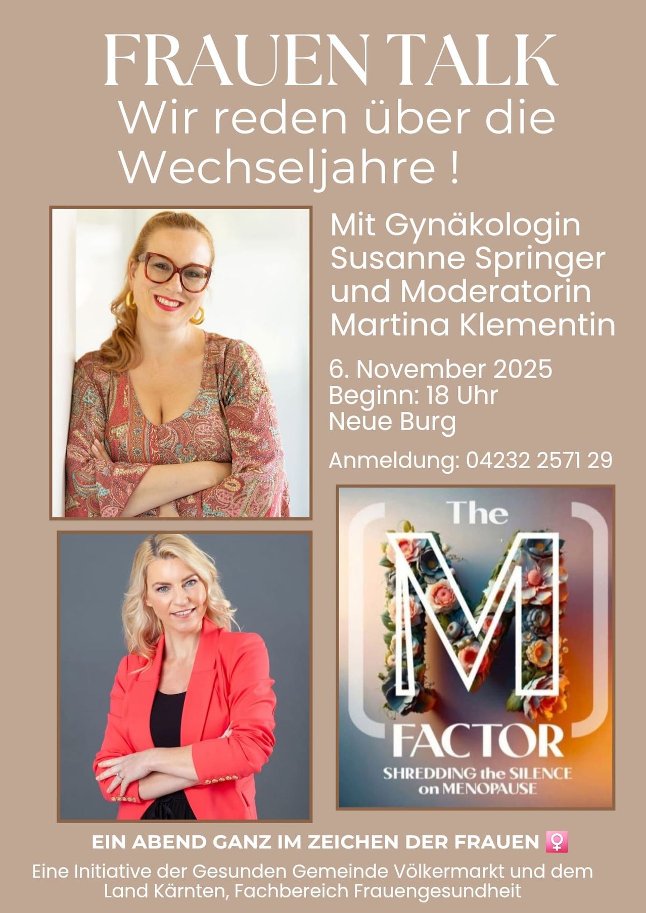 Poster für Wechseljahre-Event mit zwei Frauen. Eine mit Brille und gemusterter Bluse, die andere in einem roten Blazer. Datum: 6. November 2025. Zeit: 18 Uhr. Ort: Neue Burg. Kontakt: 04232 2571 29.
