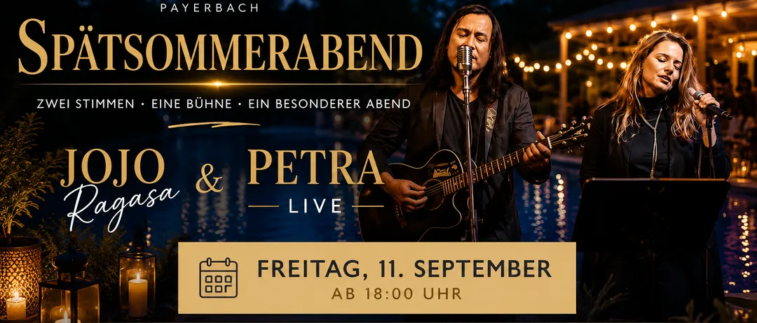 Ein Plakat für einen Sommerabend im Freibad Payerbach mit einem Mann, der Gitarre spielt und singt. Die Veranstaltung umfasst Live-Musik, Cocktails, Pizza und eine Pool-Atmosphäre. Der Termin ist Freitag, 11. September, ab 18:00 Uhr.