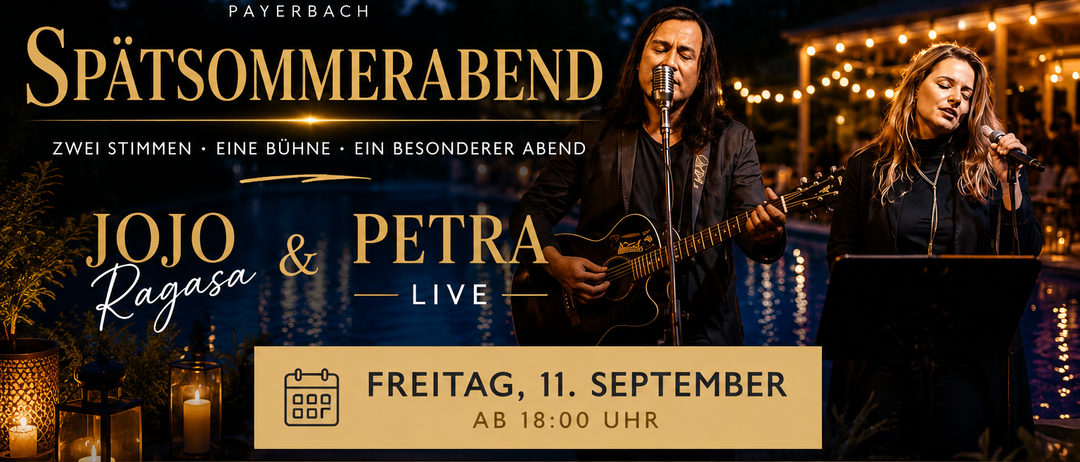 Ein Plakat für einen Sommerabend im Freibad Payerbach mit einem Mann, der Gitarre spielt und singt. Die Veranstaltung umfasst Live-Musik, Cocktails, Pizza und eine Pool-Atmosphäre. Der Termin ist Freitag, 11. September, ab 18:00 Uhr.