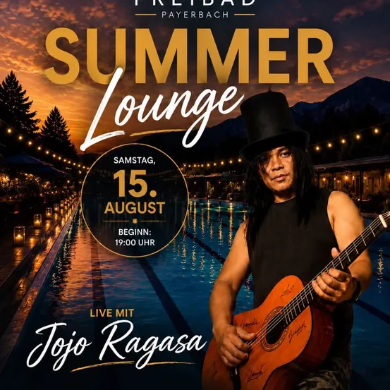 Ein Veranstaltungsposter für die Summer Lounge im Freibad Payerbach am 15. August mit einem Mann, der am Pool bei Dämmerung eine Gitarre spielt.