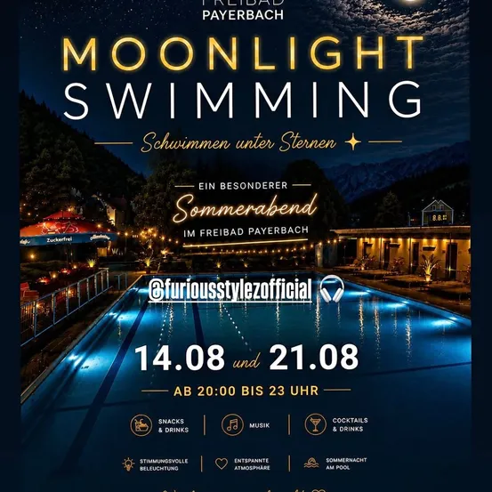Plakat für die Moonlight Swimming-Veranstaltung im Freibad Payerbach. Zeigt einen Pool mit blauen Lichtern, eine Mondnacht und eine festliche Atmosphäre. Termine sind der 14. und 21. August, Zeit 20:00 bis 23:00 Uhr.
