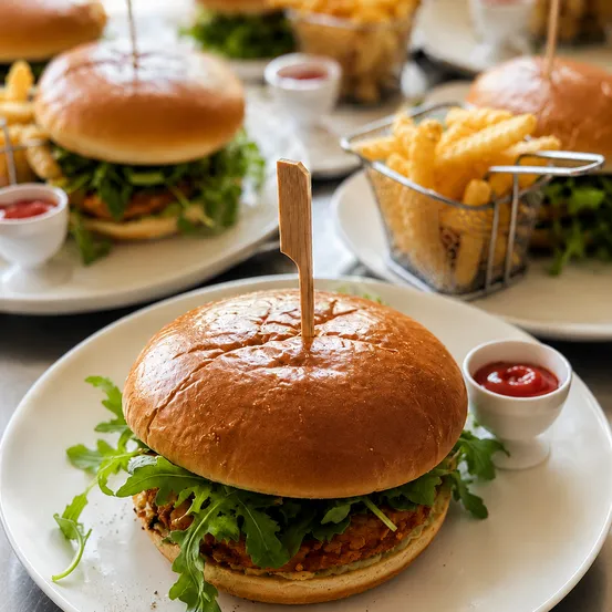 Ein Nahaufnahme eines Chickenburgers mit Salat und einer Beilage Pommes auf einem weißen Teller.