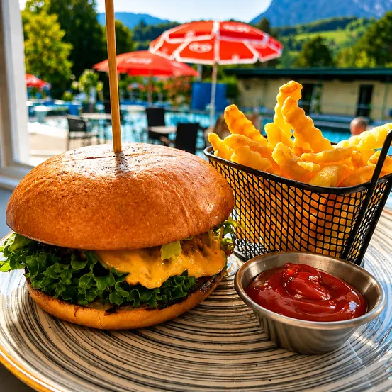 Ein Cheeseburger mit Pommes und Ketchup auf einem Teller, mit einem Pool und Sonnenschirmen im Hintergrund.