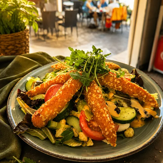 Ein Teller Salat mit gebratenen Hähnchenstreifen, garniert mit Rucola, Tomaten und einer cremigen Vinaigrette. Im Hintergrund ein Restaurant mit Tischen und Stühlen.