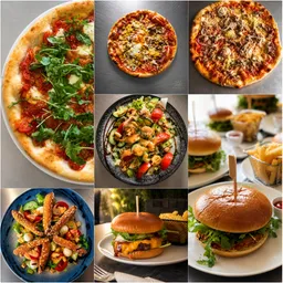Eine Collage verschiedener Speisen, darunter Pizzen, Salate und Burger, jeweils auf einem weißen Teller oder in einer Schüssel präsentiert.