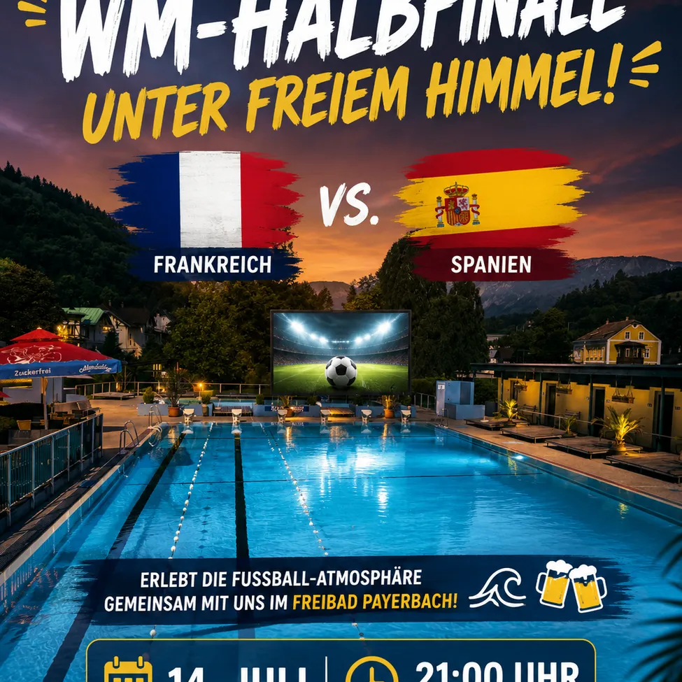 Eine Werbung für das WM-Halbfinale zwischen Frankreich und Spanien, mit einem Fußball, Flaggen und einem Pool-Setting. Das Event ist für den 14. Juli um 21:00 Uhr geplant.