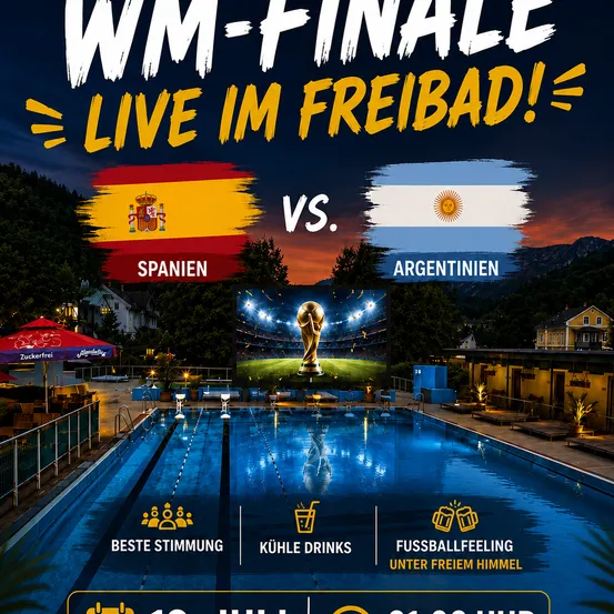 Plakat für das WM-Finale zwischen Spanien und Argentinien, mit einem Schwimmbad, Flaggen und einem Pokal.