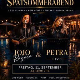 Ein Plakat für einen Abend-Event mit Jojo Ragasa und Petra, die live auf der Bühne mit Gitarre und Mikrofon auftreten, vor einem Pool-Hintergrund mit Lichtern.