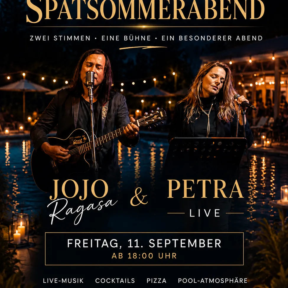 Ein Plakat für einen Abend-Event mit Jojo Ragasa und Petra, die live auf der Bühne mit Gitarre und Mikrofon auftreten, vor einem Pool-Hintergrund mit Lichtern.