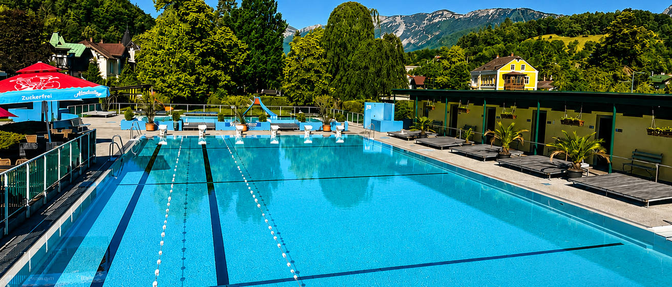 Ein großer Außenpool mit blauem Wasser, umgeben von Bäumen und Bergen im Hintergrund. Der Pool hat Bahnmarkierungen und eine Rutsche an der Seite.