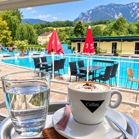 Eine Tasse Kaffee mit einem Glas Wasser auf einem Tablett, mit Blick auf einen Swimmingpool mit Tischen und Stühlen unter roten Sonnenschirmen.