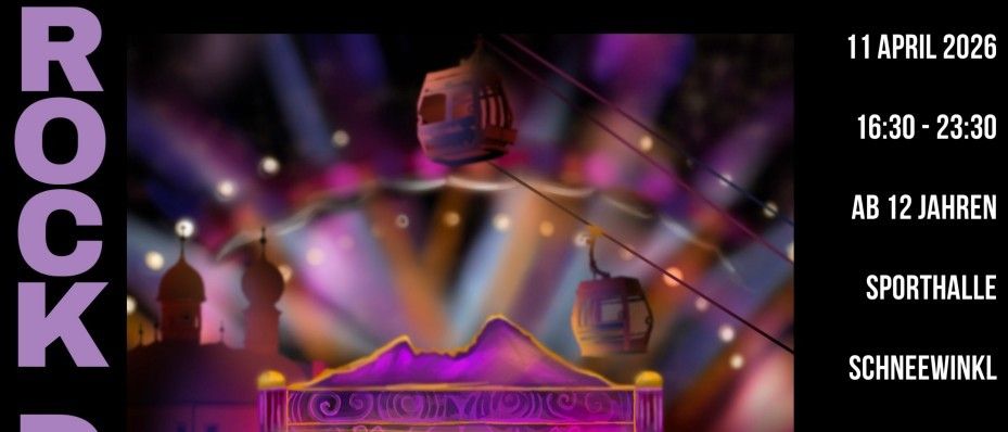 Ein Konzertposter mit leuchtenden Farben und einer Bühnenaufstellung. Der Text 'ROCK DEGMOA' ist prominent zu sehen. Das Event findet am 11. April 2026 von 16:30 bis 23:30 statt. Altersbeschränkung: 12 Jahre und älter. Bands sind Basement Rats$, Konglomerat, Zamm Gsput und Bam Jaywalk.