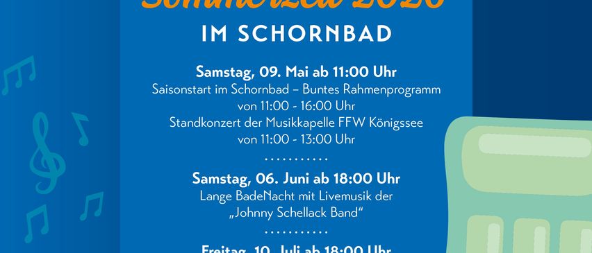 Schornbäd summer 2026. Schedule: June 6th, June 10th, August 6th, and August 14th. Each evening features a long bath night with live music. Bathing hours are from 11 AM to 6 PM.