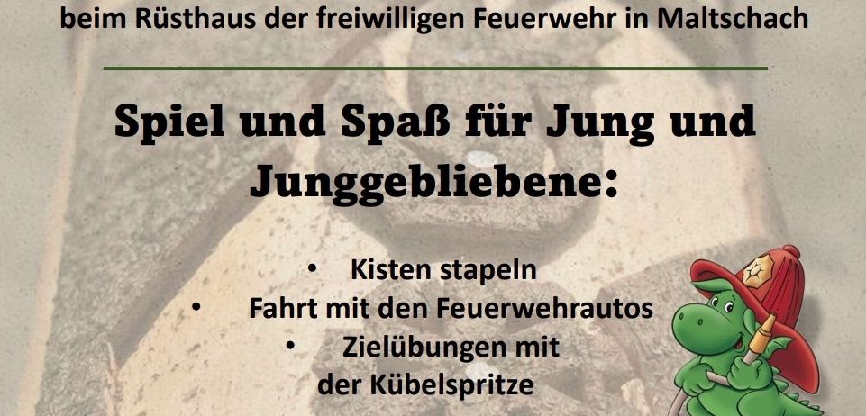 Plakat für eine Veranstaltung der freiwilligen Feuerwehr Maltschach mit einem gezeichneten Feuerwehrmann mit Schlauch, die Kinder und Familien zu Spielen und Spaß am 1. Mai 2025 einlädt.