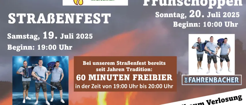 Ein Plakat für Maltschachs Straßenfest mit einem Feuerdesign, einem Mann in Freizeitkleidung und einem Zeitplan von 19:00 bis 20:00 am 2. Juli 2025.