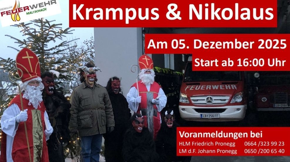 Ein Plakat zeigt Krampus- und Nikolaus-Figuren mit einem Feuerwehrauto im Hintergrund. Der Text ist in Deutsch.