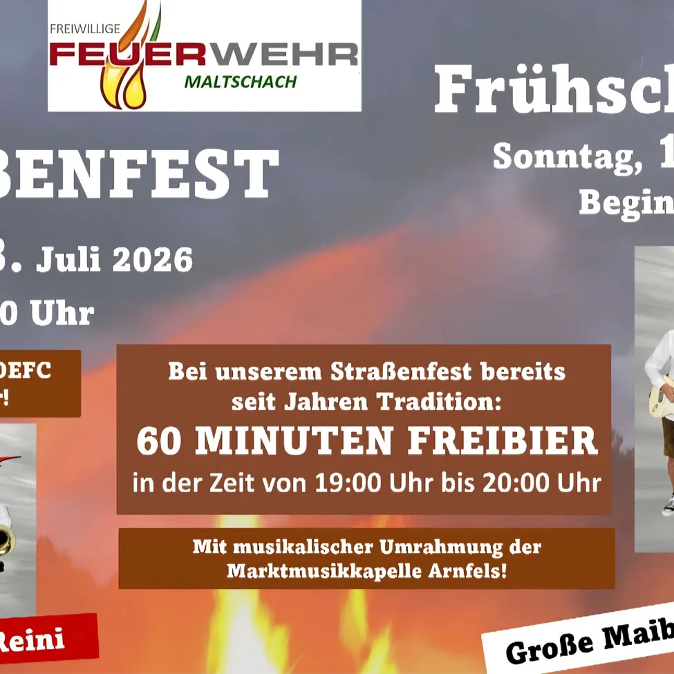 Plakat für das Straßenfest der Freiwilligen Feuerwehr Maltschach, mit einem Trompeter und einem Flammengrafik, mit Details zum Datum, zur Zeit und zur musikalischen Unterhaltung des Events.