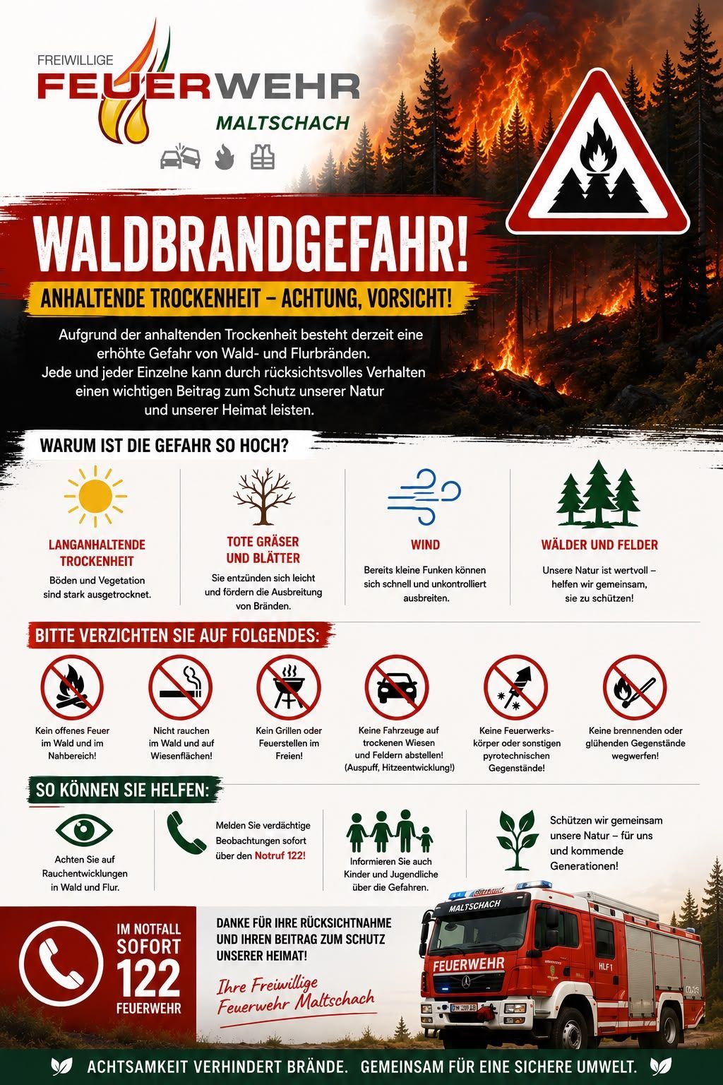 An infographic about the dangers of forest fires due to prolonged dryness. It includes warnings, causes, and preventive measures. It features a fire scene, icons, and safety tips.