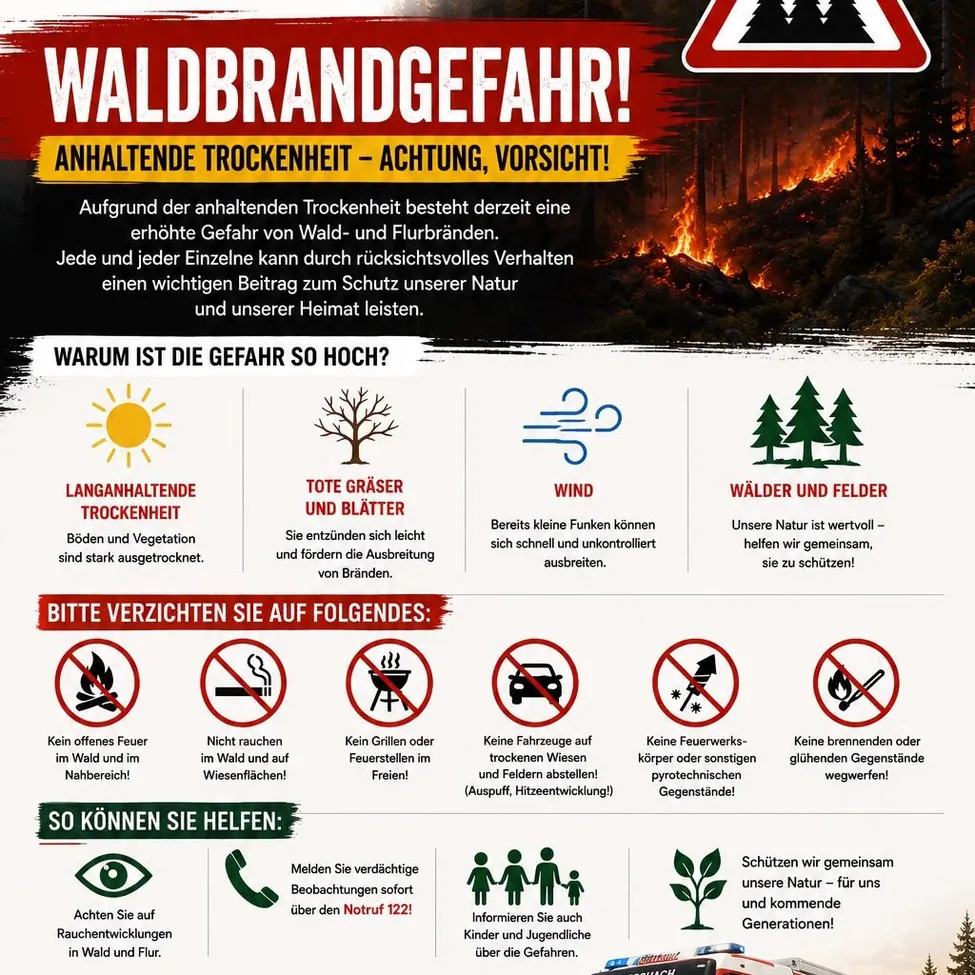 Ein Infografik über die Gefahren von Waldbränden aufgrund anhaltender Trockenheit. Es enthält Warnungen, Ursachen und Präventivmaßnahmen. Es zeigt eine Feuerszene, Symbole und Sicherheitstipps.
