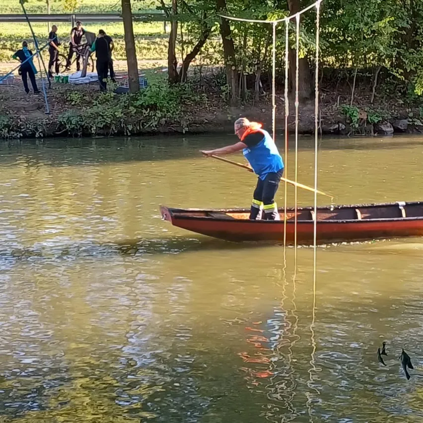 Ein Mann in einem blauen Shirt und einer Rettungsweste rudert mit einem Boot auf einem Fluss, während Leute am Ufer stehen.