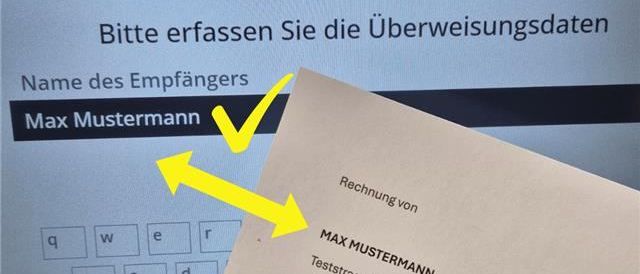 Ein Computerbildschirm zeigt ein Formular mit der Anweisung, Überweisungsdaten einzugeben. Darunter ist ein Umschlag mit einer Adresse darauf abgebildet. Darunter steht der Text SEPA - Empfängerverifizierung.