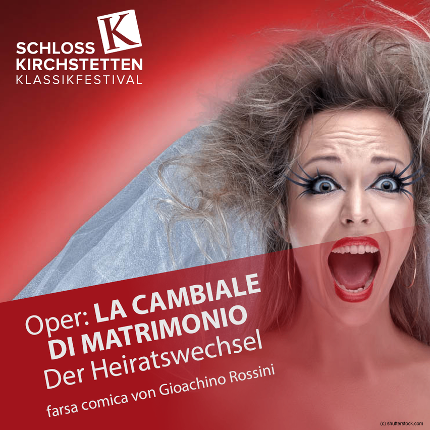 Eine Frau in einem Hochzeitskleid sieht schockiert aus. Der Text lautet 'Oper: La Cambiale di Matrimonio von Gioachino Rossini'. Der Hintergrund ist rot.