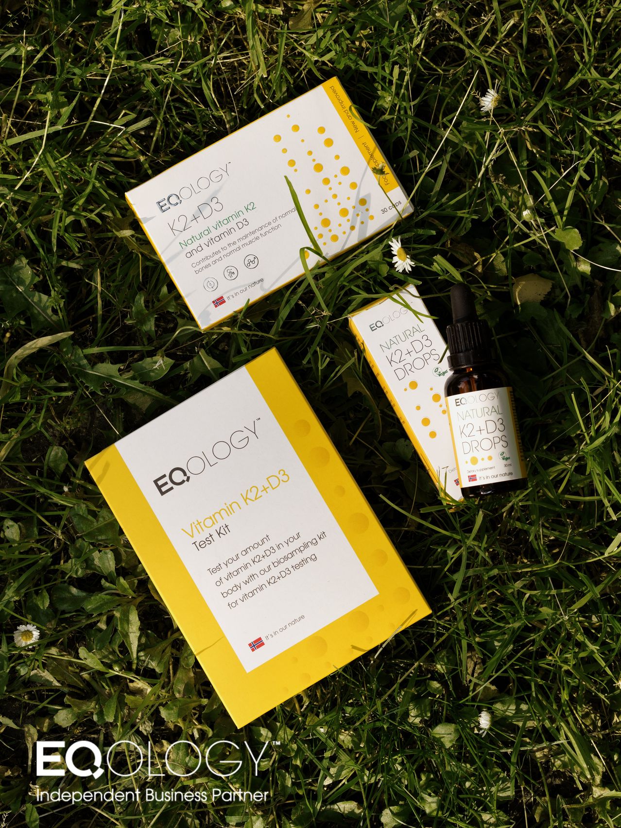 Drei Gesundheitsprodukte liegen auf Gras. Die erste Verpackung ist Vitamin K2+D3. Die zweite Verpackung ist natürliches Vitamin K2+D3. Die dritte Verpackung ist Vitamin K2+D3 Test Kit.