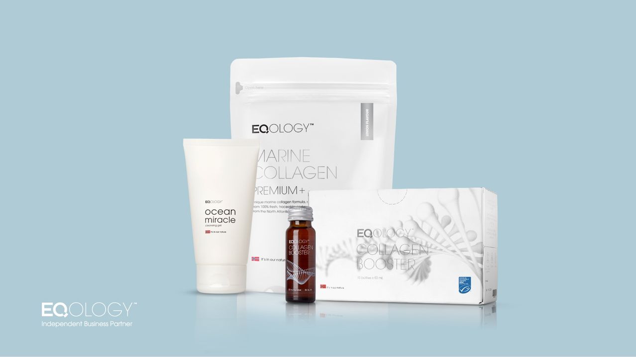 Eine Produktanzeige von EQology Marine-Kollagen zeigt eine Flasche, ein Röhrchen, eine Box und einen Beutel. Das Produkt heißt EQology Marine Collagen Premium+.