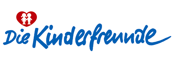 Das Logo von Die Kinderfreunde, mit einem roten Herzen und zwei Kindern darin, über blauem kursiven Text.