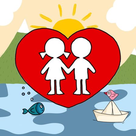 Eine Illustration eines Herzens mit zwei Kindern, die Händchen halten, einem Vogel auf einem kleinen Boot und einem Fisch im Wasser.