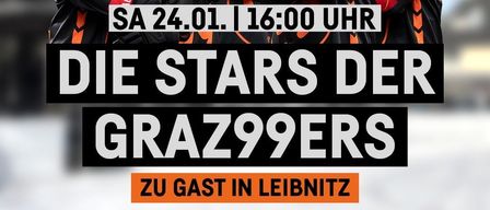 Ein Poster zeigt vier Männer in Eishockey-Uniformen, die mit einem Maskottchen, einem schwarzen Panther, stehen. Sie lächeln alle und posieren für ein Foto. Darunter steht: 'SA 24.01. | 16:00 UHR DIE STARS DER GRAZ99ERS ZUGAST IN LEINITZ'.