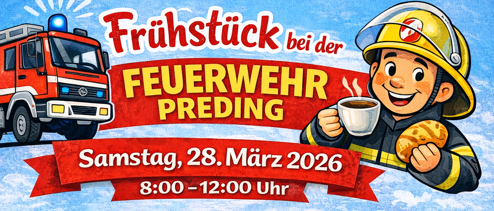 Ein Plakat für die Überprüfung der Feuerwehrausrüstung am 28. März 2026 von 8:00 bis 12:00 Uhr. Ein Feuerwehrmann hält eine Kaffeetasse, und der Text lädt die Bevölkerung zu einem kleinen Frühstück ein. Das Plakat erwähnt eine kleine Brandbekämpfungsdemonstration, bei der die Öffentlichkeit üben kann. Es sucht auch neue Mitglieder, insbesondere Jugendliche und Freiwillige ab 10 Jahren.