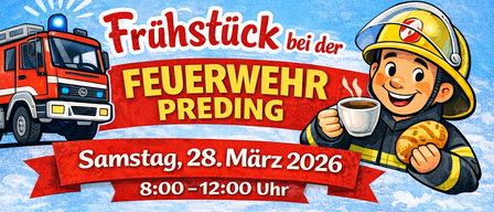 Ein Plakat für die Überprüfung der Feuerwehrausrüstung am 28. März 2026 von 8:00 bis 12:00 Uhr. Ein Feuerwehrmann hält eine Kaffeetasse, und der Text lädt die Bevölkerung zu einem kleinen Frühstück ein. Das Plakat erwähnt eine kleine Brandbekämpfungsdemonstration, bei der die Öffentlichkeit üben kann. Es sucht auch neue Mitglieder, insbesondere Jugendliche und Freiwillige ab 10 Jahren.