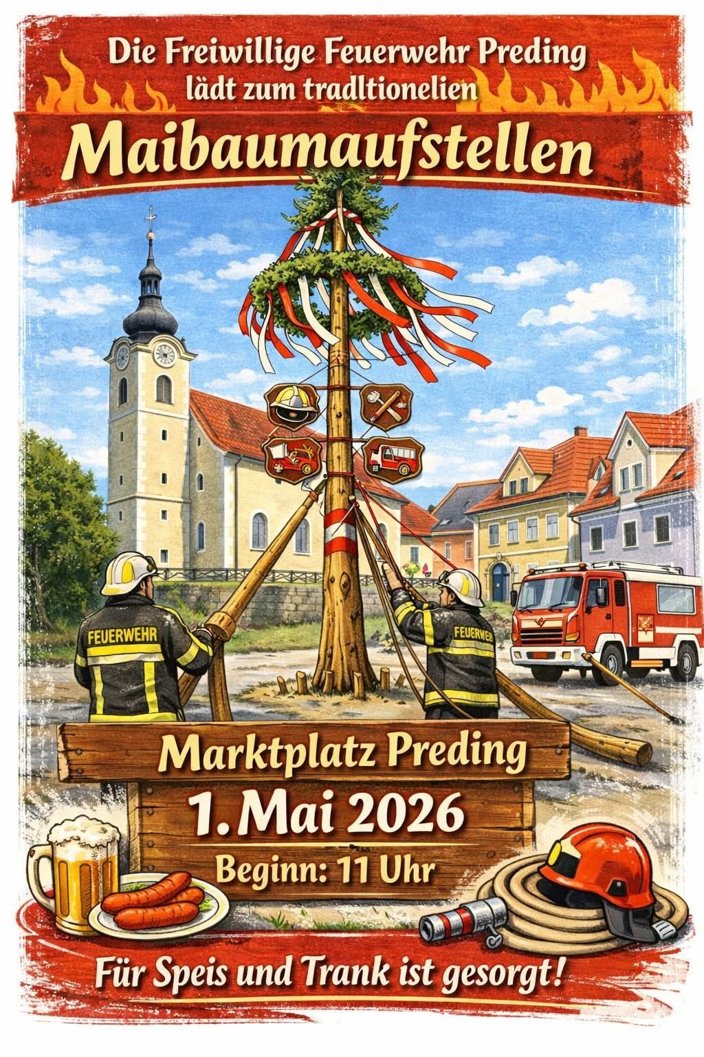 Plakat zeigt Feuerwehrleute, die am 1. Mai 2026 einen Baum auf dem Preding-Marktplatz aufstellen. Die Veranstaltung beginnt um 11 Uhr.