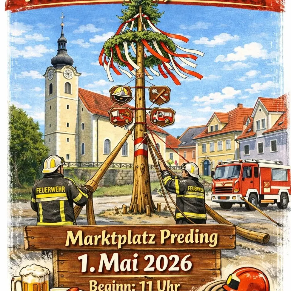Ein Poster zeigt Feuerwehrleute, die einen Maibaum auf dem Marktplatz aufstellen. Es enthält das Datum 1. Mai 2026 und einen Feuerwehrwagen im Hintergrund.