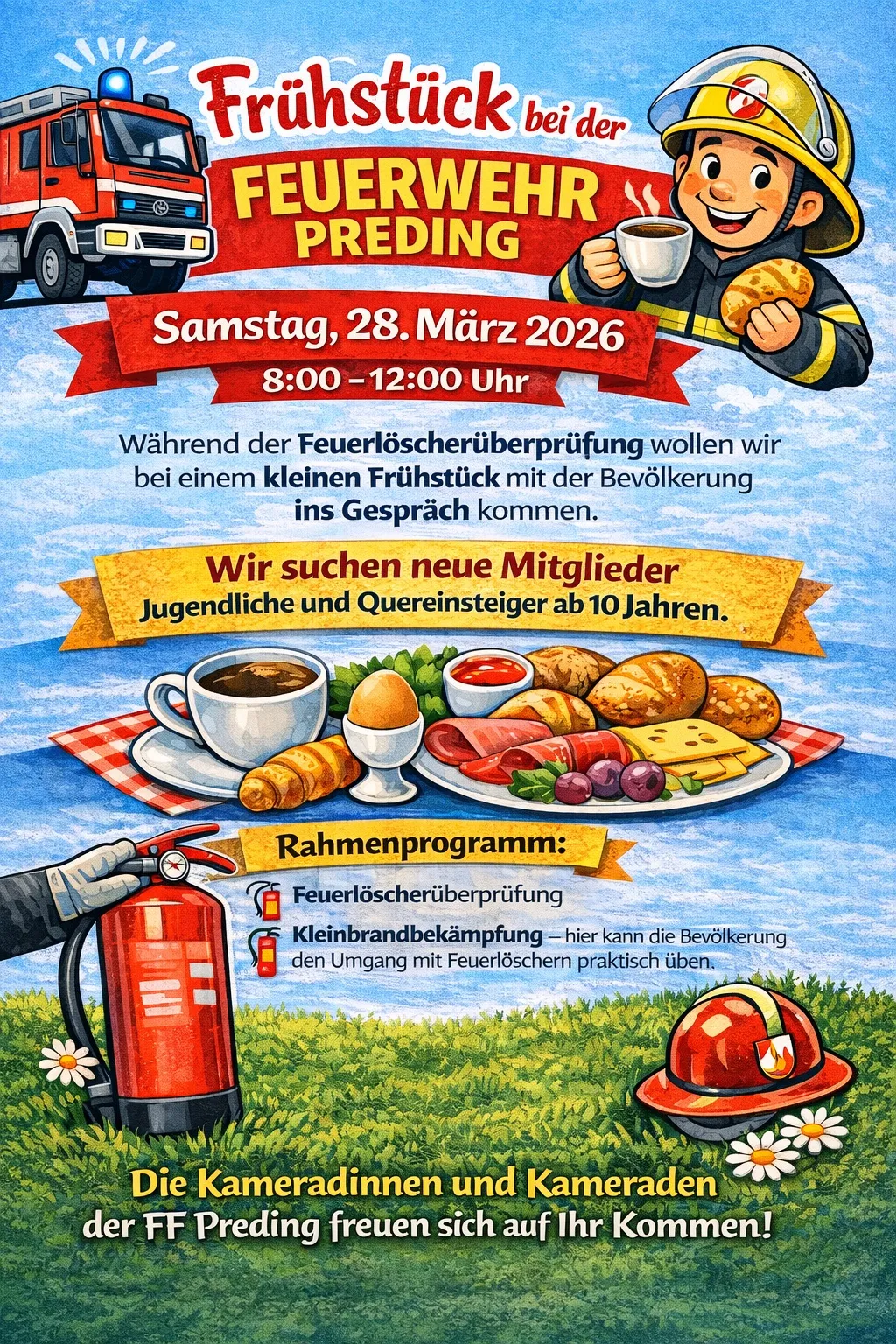 Das Poster bewirbt eine Feuerlöscherüberprüfung. Es beinhaltet Frühstück, Schulung und eine kleine Brandbekämpfungsübung. Es sucht auch neue Mitglieder ab 10 Jahren.