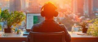 Eine Person mit Kopfhörern sitzt an einem Schreibtisch und schaut auf einen Laptop. Im Hintergrund befindet sich eine Stadtsilhouette. Die Sonne geht unter und taucht die Gebäude in ein warmes Licht.