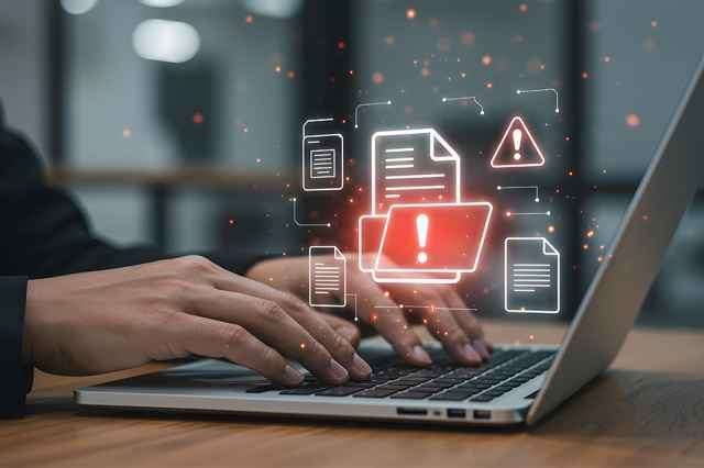 Eine Person tippt auf einem Laptop mit Symbolen von Dateien und einem roten Warnsymbol im Bildschirm.