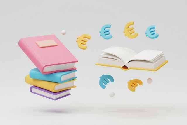 Ein Stapel bunter Bücher mit einem schwebenden offenen Buch und Euro-Symbolen.