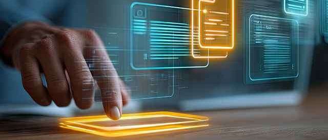 Eine Hand interagiert mit einem leuchtenden Tablet, das Dokumentensymbole anzeigt, vor einem dunklen Hintergrund.