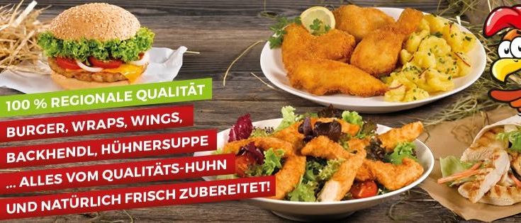 Ein Bild zeigt eine Auswahl an Hühnchengerichten, darunter einen Burger, Hähnchennuggets und Salate. Die Gerichte sind auf einer Holzoberfläche präsentiert. Auf der rechten Seite ist ein gezeichnetes Huhn und der Text betont regionale Qualität, Frische und verschiedene Hühnchengerichte.